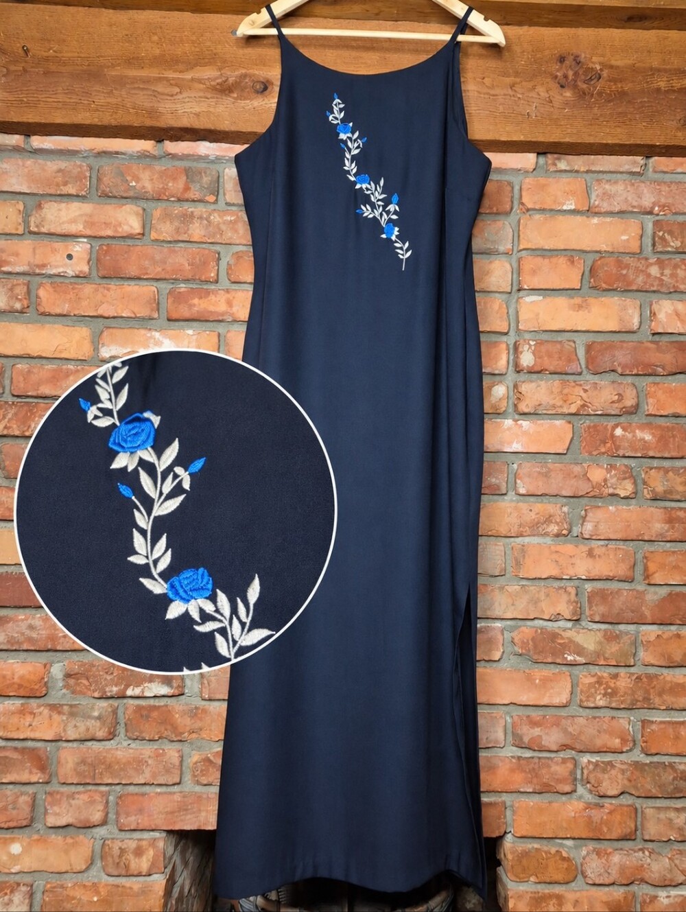 🇨🇦 Jessica NWT Vintage 90s Embroidered Maxi Dress Navy Floral Made in Canada